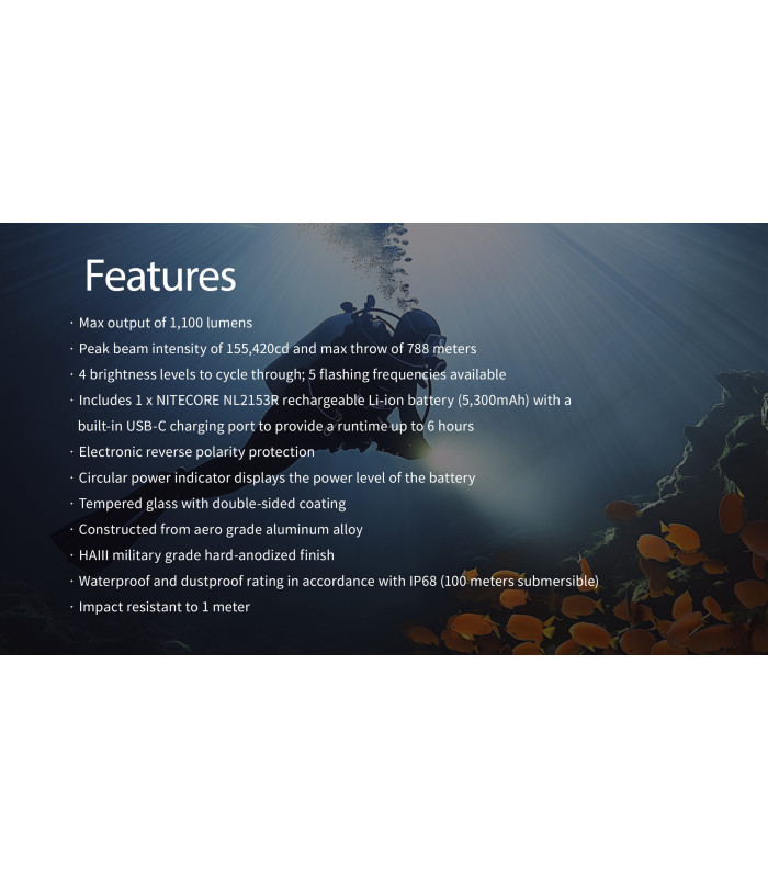 ΦΑΚΟΣ LED NITECORE DIVING LIGHT, DL30, 1100Lumens, IP68-100m Submersible