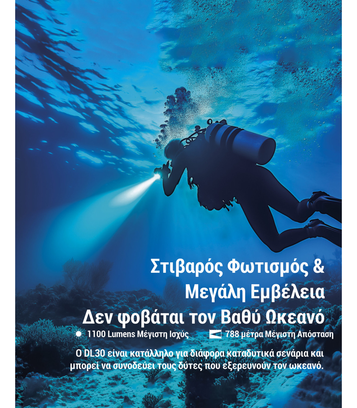 ΦΑΚΟΣ LED NITECORE DIVING LIGHT, DL30, 1100Lumens, IP68-100m Submersible