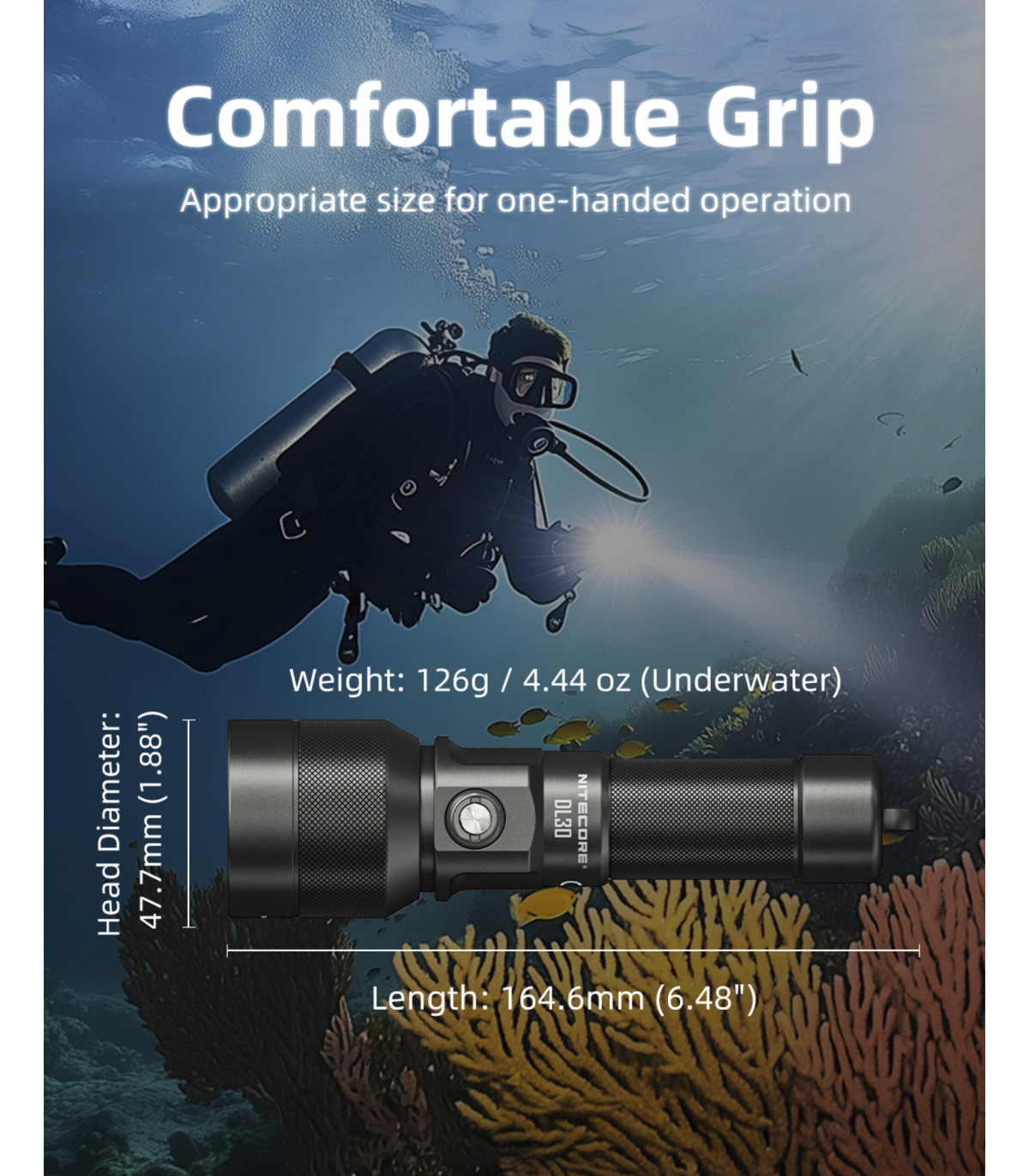 ΦΑΚΟΣ LED NITECORE DIVING LIGHT, DL30, 1100Lumens, IP68-100m Submersible