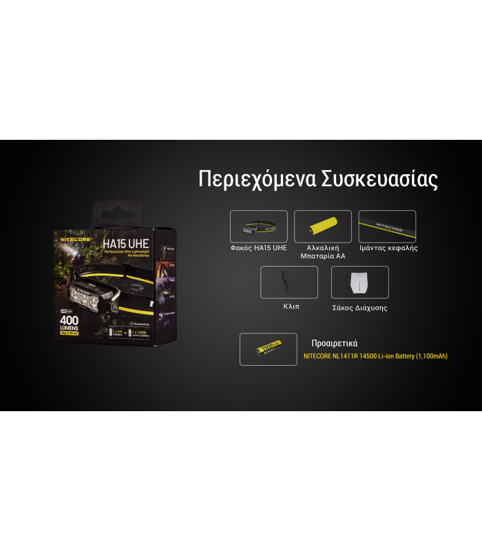 ΦΑΚΟΣ LED NITECORE HEADLAMP HA15 UHE, Lightweight, 400Lumens