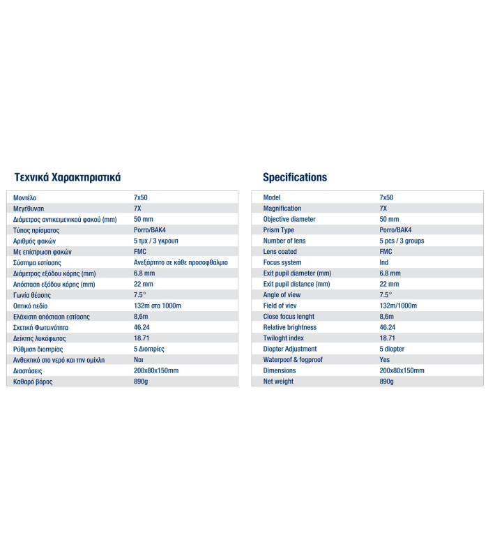ΚΙΑΛΙΑ FALX Optics Aegean 7x50mm, Marine, BLUE