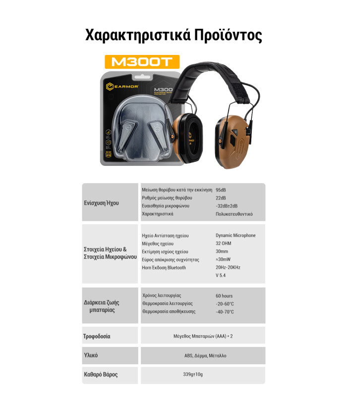 Ωτοασπίδες Ηλεκτρονικές EARMOR M300T-CB, Καφέ