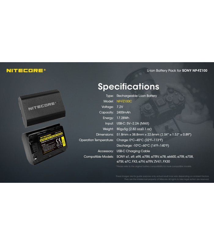 ΜΠΑΤΑΡΙΑ NITECORE for SONY NP-FZ100C, 7.2V , 2400mAh, 17.28Wh