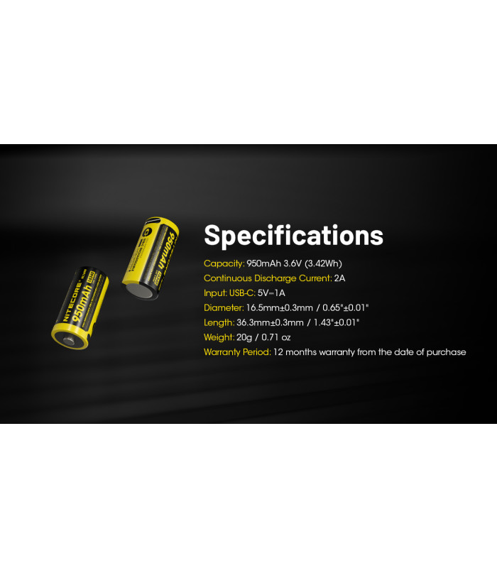 ΜΠΑΤΑΡΙΑ NITECORE RCR123A / 950mAh USB-C (τιμή τεμαχίου)