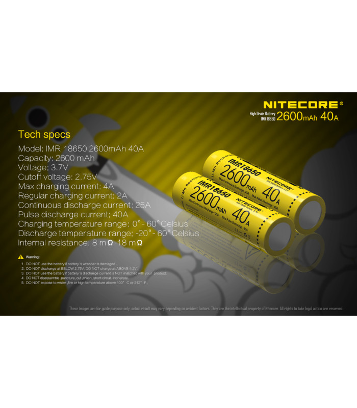 ΜΠΑΤΑΡΙΑ NITECORE IMR18650 2600mah 40A FlatTop (Ζεύγος)