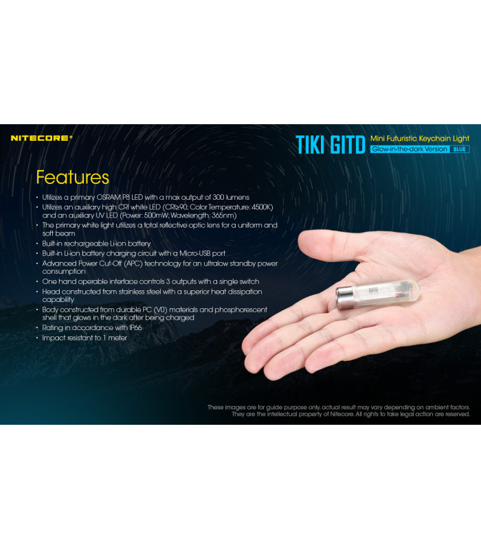 ΦΑΚΟΣ LED NITECORE TIKI GITD Blue, Glow-In-The-Dark, USB-C, 300 lumens