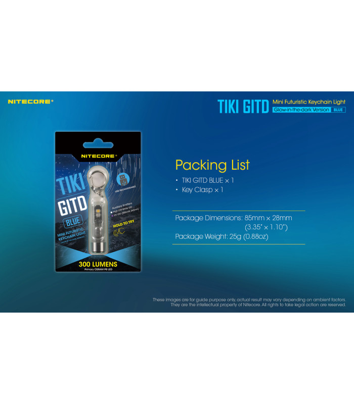 ΦΑΚΟΣ LED NITECORE TIKI GITD Blue, Glow-In-The-Dark, USB-C, 300 lumens