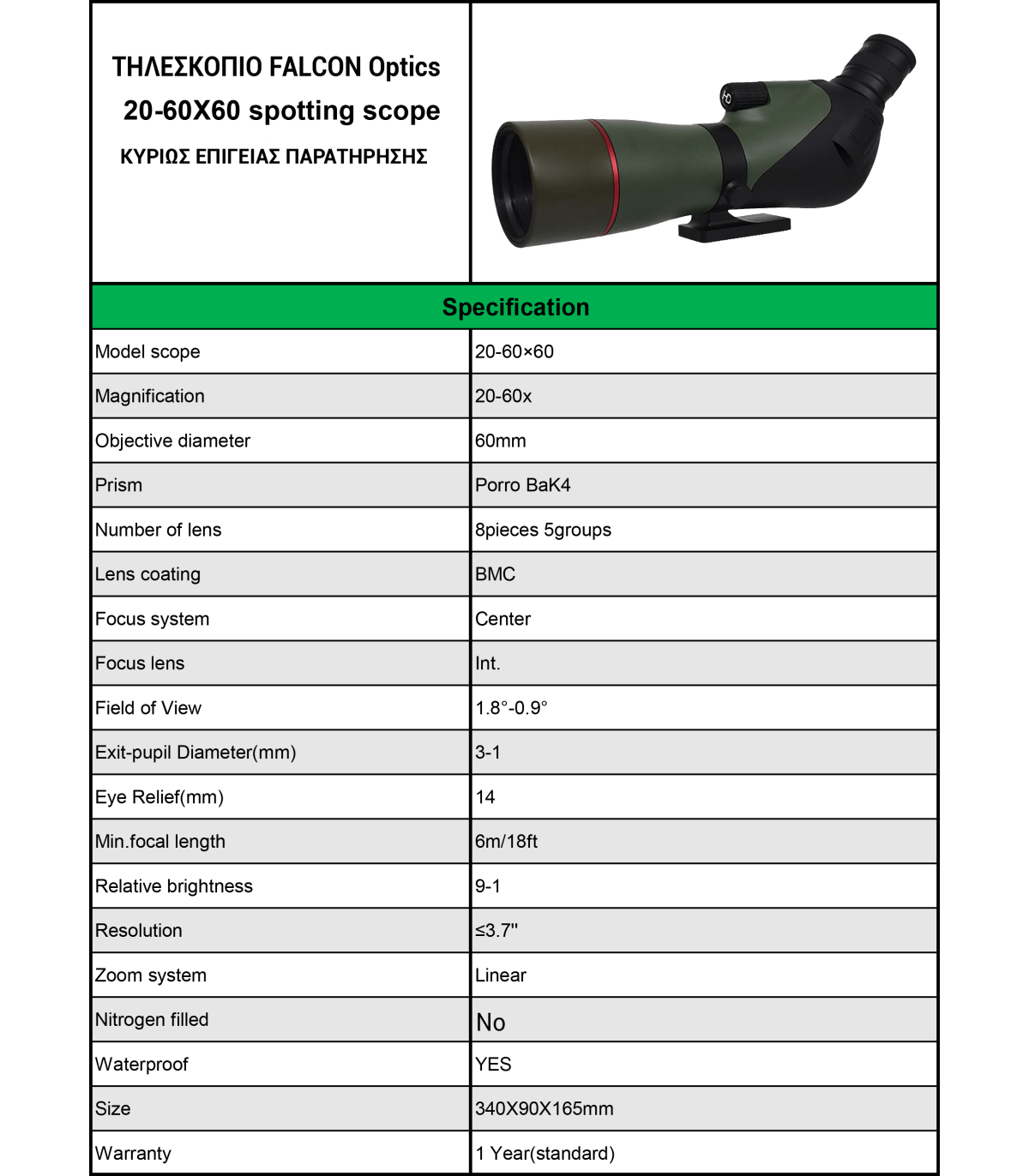 ΤΗΛΕΣΚΟΠΙΟ FALCON Optics Spotting Scope 20-60x60, Black