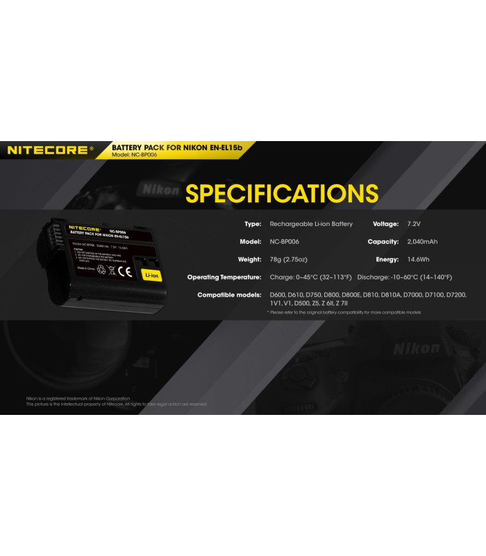 ΜΠΑΤΑΡΙΑ NITECORE for Nikon EN-EL15b, 7.2V , 2040mAh, 14.6Wh