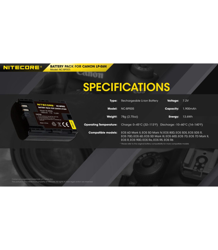 ΜΠΑΤΑΡΙΑ NITECORE for Canon LP-E6N, 7.2V , 1900mAh, 13.6Wh