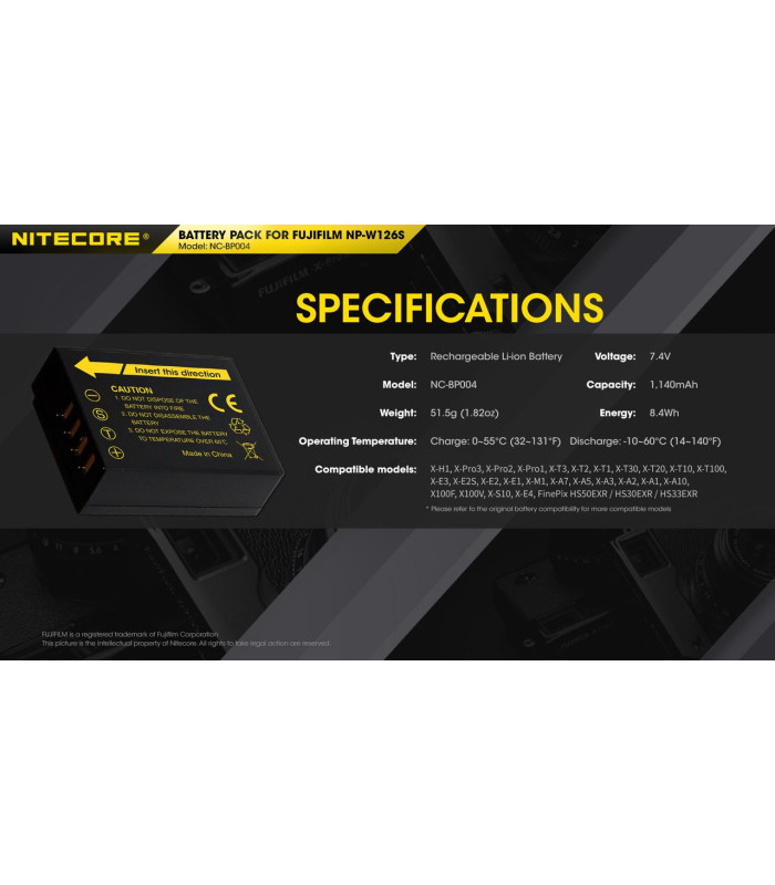 ΜΠΑΤΑΡΙΑ NITECORE for Fujifilm NP-W126S, 7.2V , 1140mAh, 8.4Wh