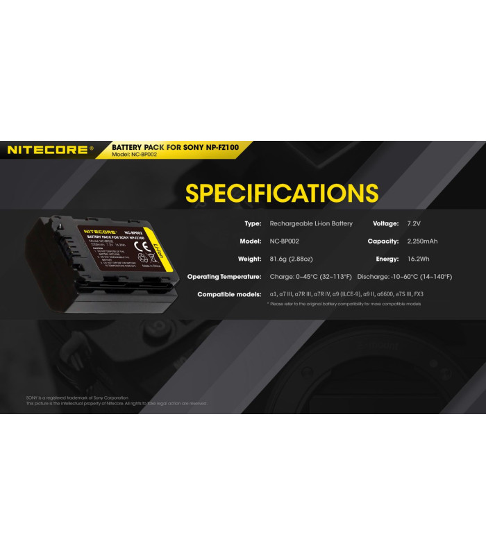 ΜΠΑΤΑΡΙΑ NITECORE for SONY NP-FZ100, 7.2V , 2250mAh, 16.2Wh