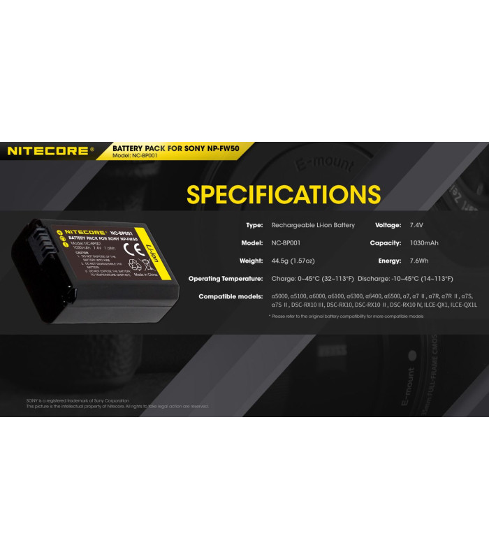 ΜΠΑΤΑΡΙΑ NITECORE for SONY NP-FW50, 7.4V , 1030mAh, 7.6Wh