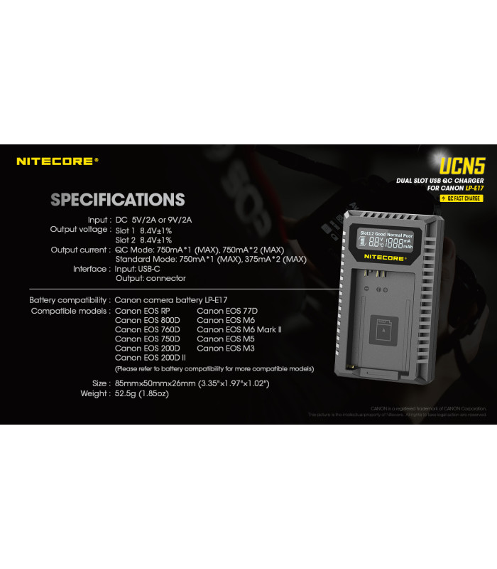 ΦΟΡΤΙΣΤΗΣ NITECORE UCN5 - Για μπαταρίες Canon LP-E17
