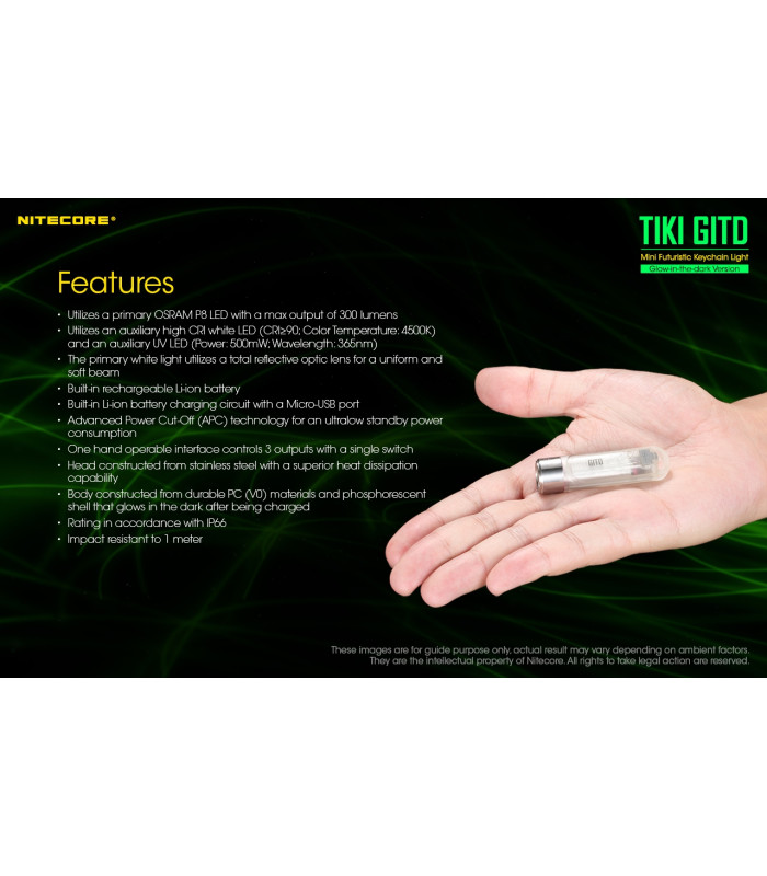ΦΑΚΟΣ LED NITECORE TIKI GITD, Glow-In-The-Dark, USB-C, 300 lumens