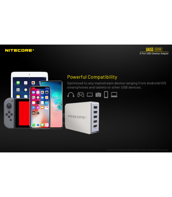 ΤΡΟΦΟΔΟΤΙΚΟ USB, NITECORE UA55Q desktop adaptor, 5V/10A, 50w Max, High speed charging