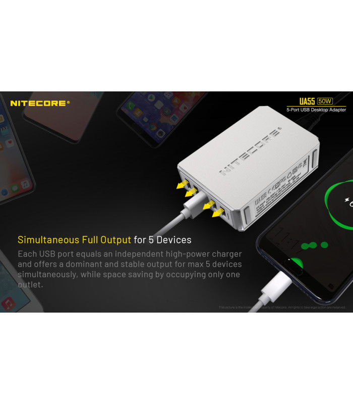 ΤΡΟΦΟΔΟΤΙΚΟ USB, NITECORE UA55Q desktop adaptor, 5V/10A, 50w Max, High speed charging