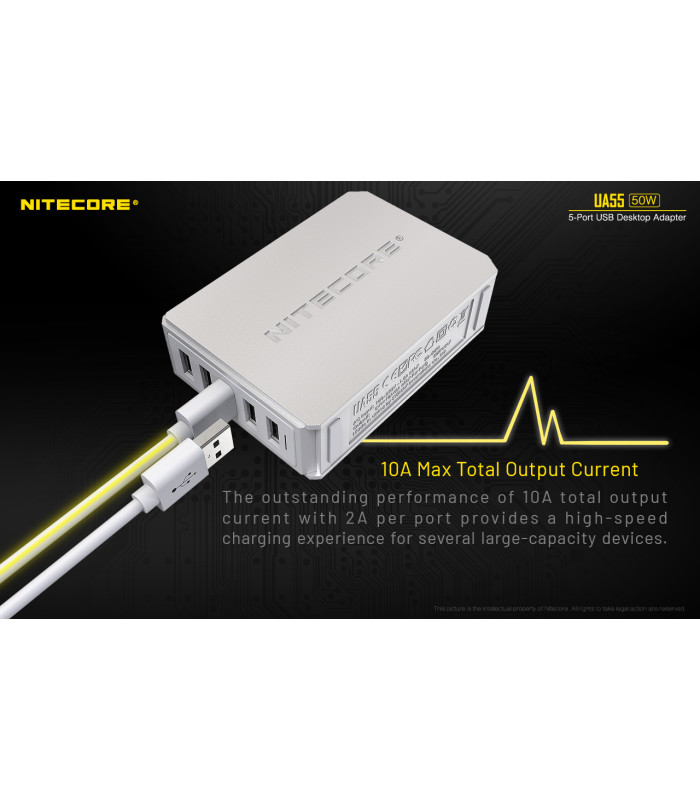 ΤΡΟΦΟΔΟΤΙΚΟ USB, NITECORE UA55Q desktop adaptor, 5V/10A, 50w Max, High speed charging