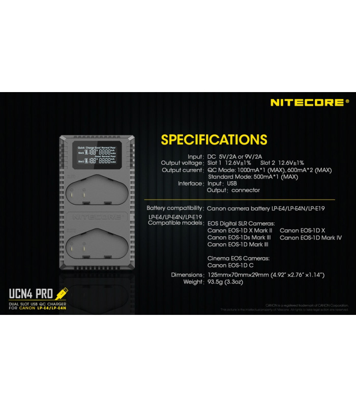 ΦΟΡΤΙΣΤΗΣ NITECORE UCN4 PRO για CANON LP-E4, LP-E4N, LP-E19