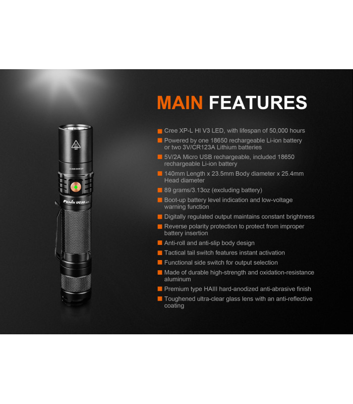 Φακός Fenix UC35 V2.0 Επαναφορτιζόμενος με USB