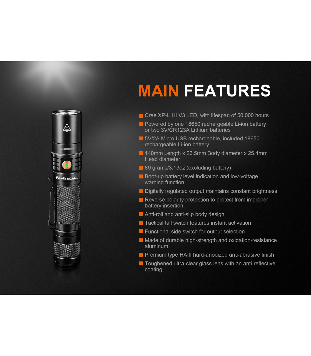 Φακός Fenix UC35 V2.0 Επαναφορτιζόμενος με USB