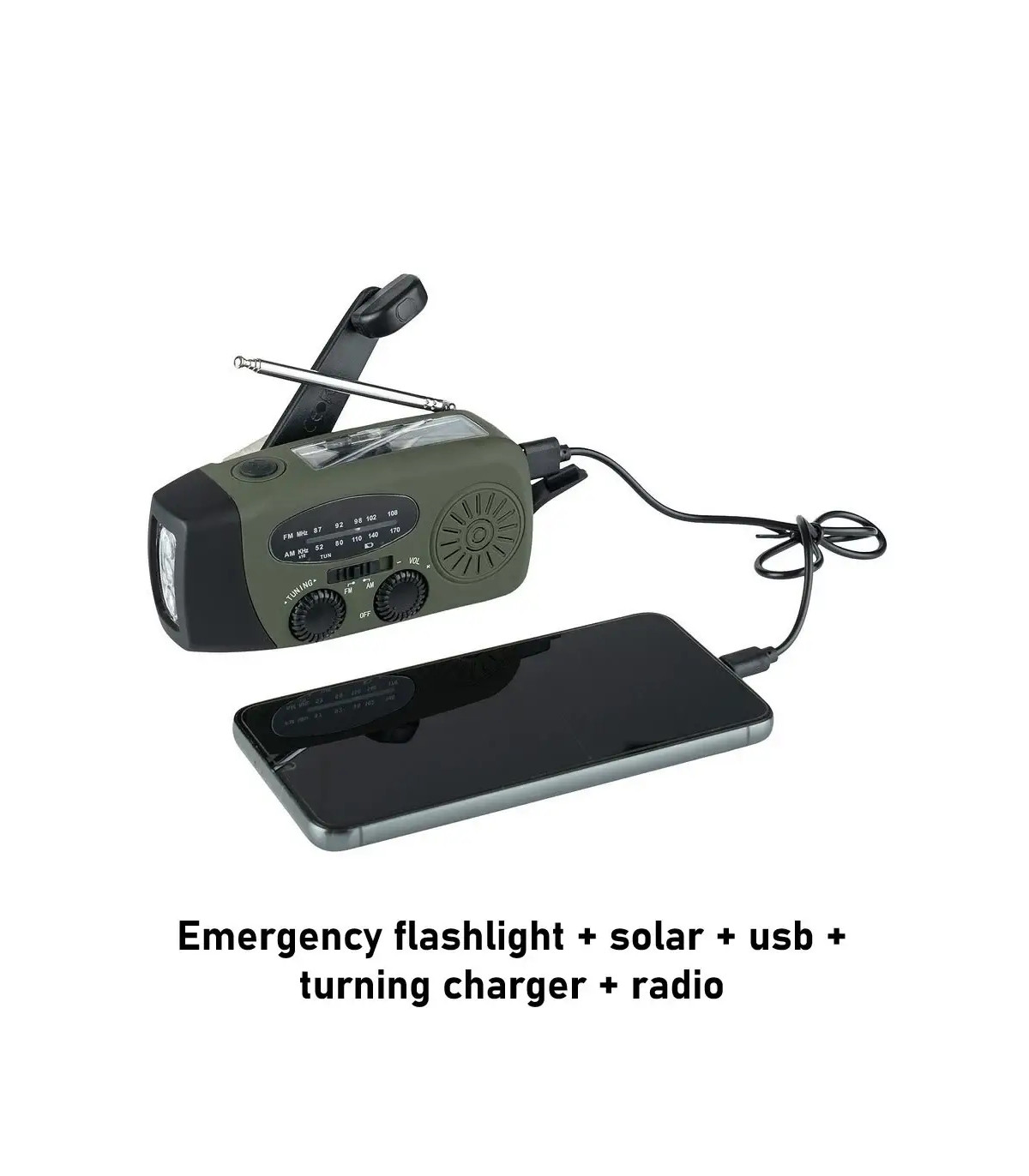 Ραδιόφωνο με Φακό, Δυναμό, Ηλιακό Πάνελ και Powerbank Χακί
