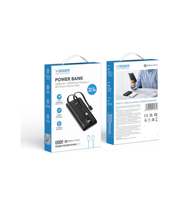 Power Bank Veger C11 10000mAh με Ενσωματωμένα Καλώδια 22.5W
