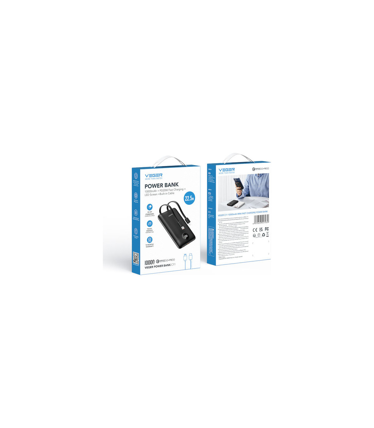 Power Bank Veger C11 10000mAh με Ενσωματωμένα Καλώδια 22.5W