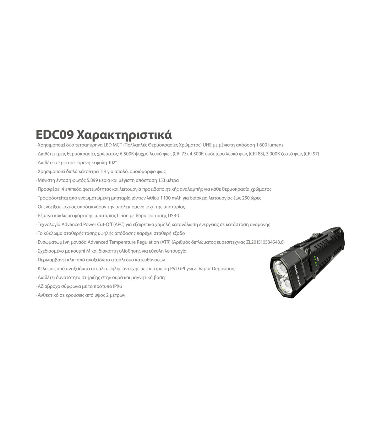 ΦΑΚΟΣ LED NITECORE EDC09, MCT, 1600lumens